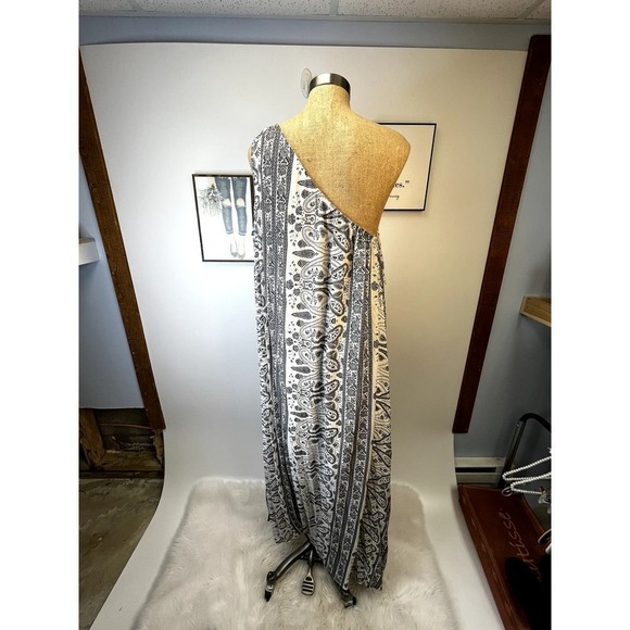 Lane Bryant Black‎ and White Pleated Paisley One Shoulder Maxi Dress SZ 22 - Picture 9 of 15